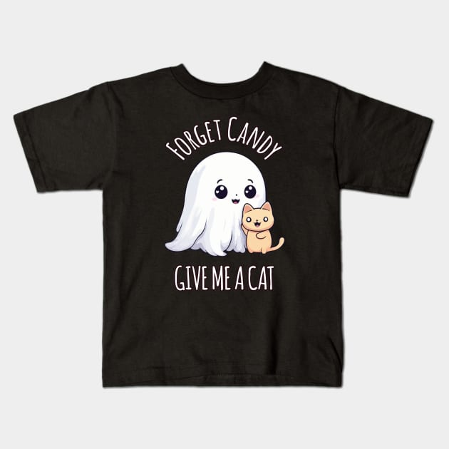 Kawaii Halloween Cat Ghost - Forget Candy, Give Me a Cat Kids T-Shirt by Rishirt